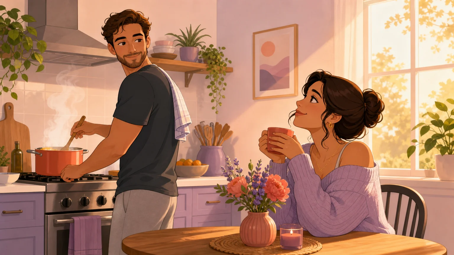 Two partners in a warm kitchen at golden hour, one cooking at the stove while the other sits at the table holding a mug, exchanging a look of quiet devotion