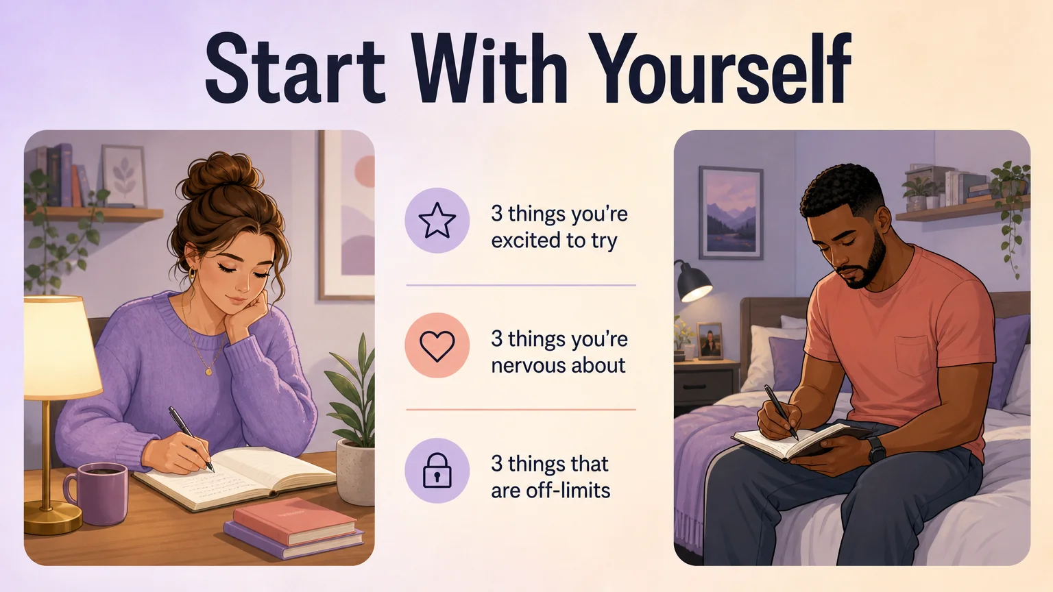 Start with yourself — two people journaling separately, doing the personal self-reflection work before building a dynamic together