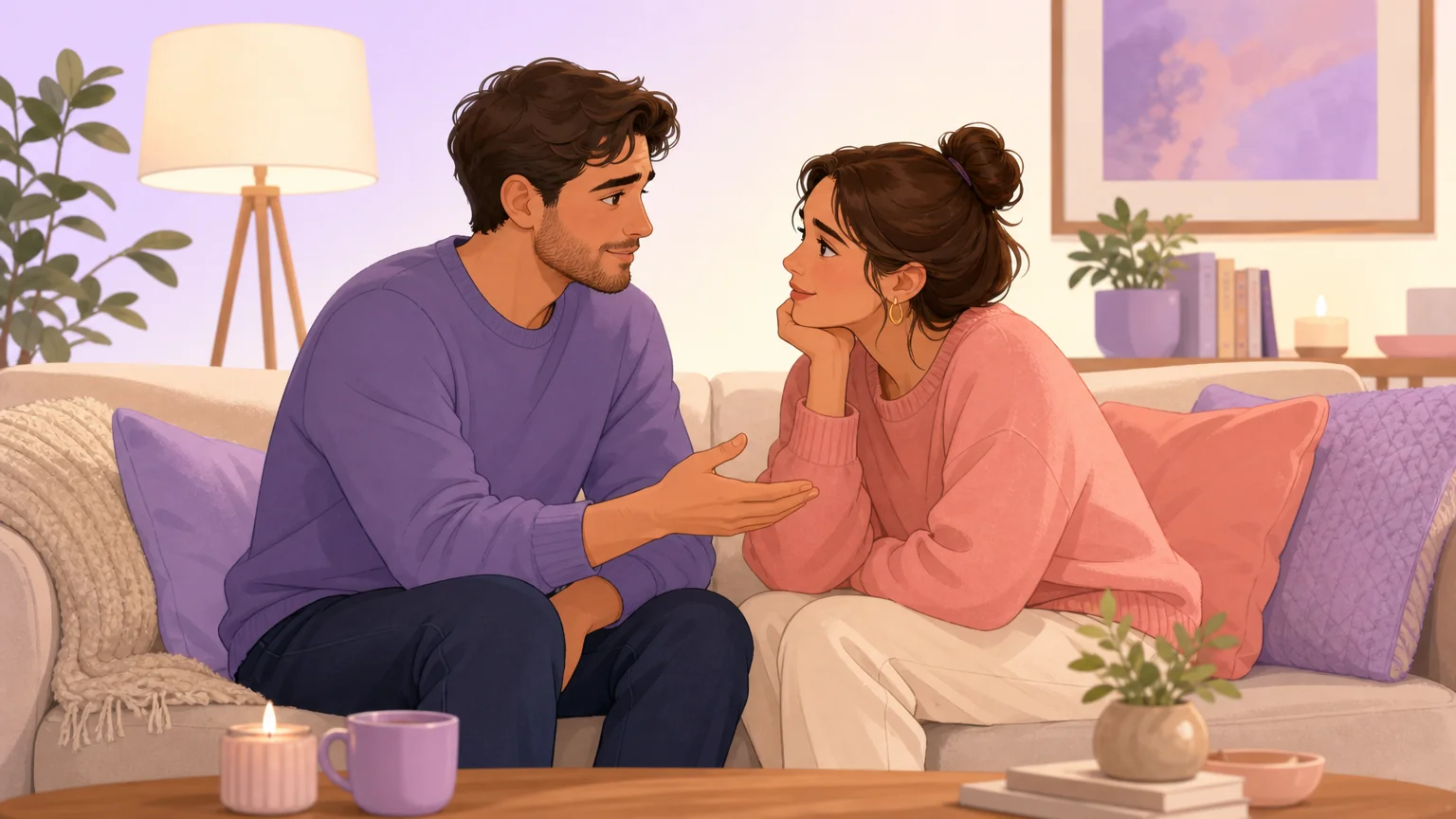Starting the conversation: a couple on a couch, one reaching out