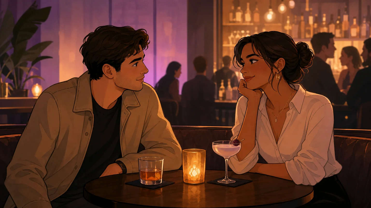 Two adult characters at a small candlelit table in a warm amber-toned cocktail bar — one in a light jacket looking across with fresh curiosity, the other meeting their gaze with a slight knowing smile, two drinks between them