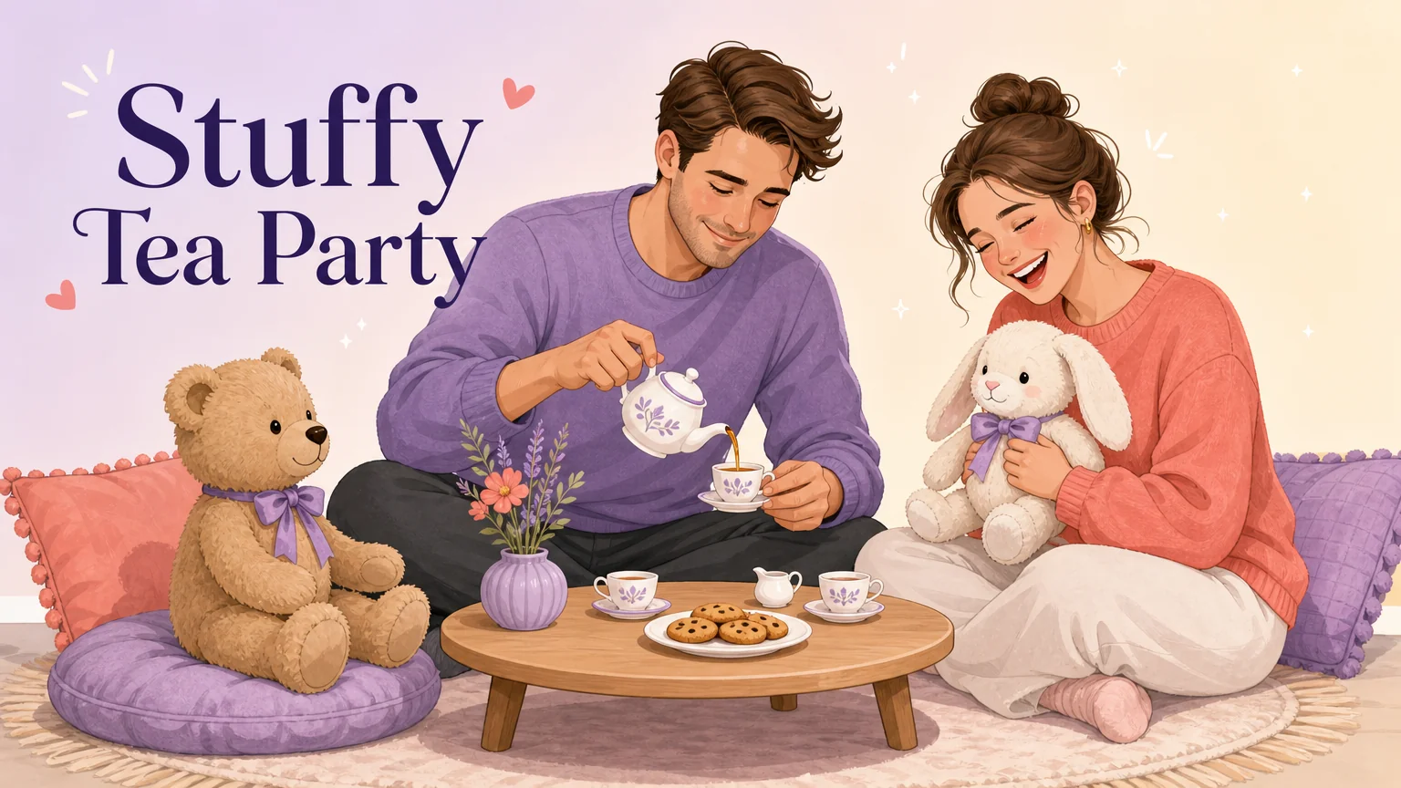 Two adults having a tea party with stuffed animals seated around the table