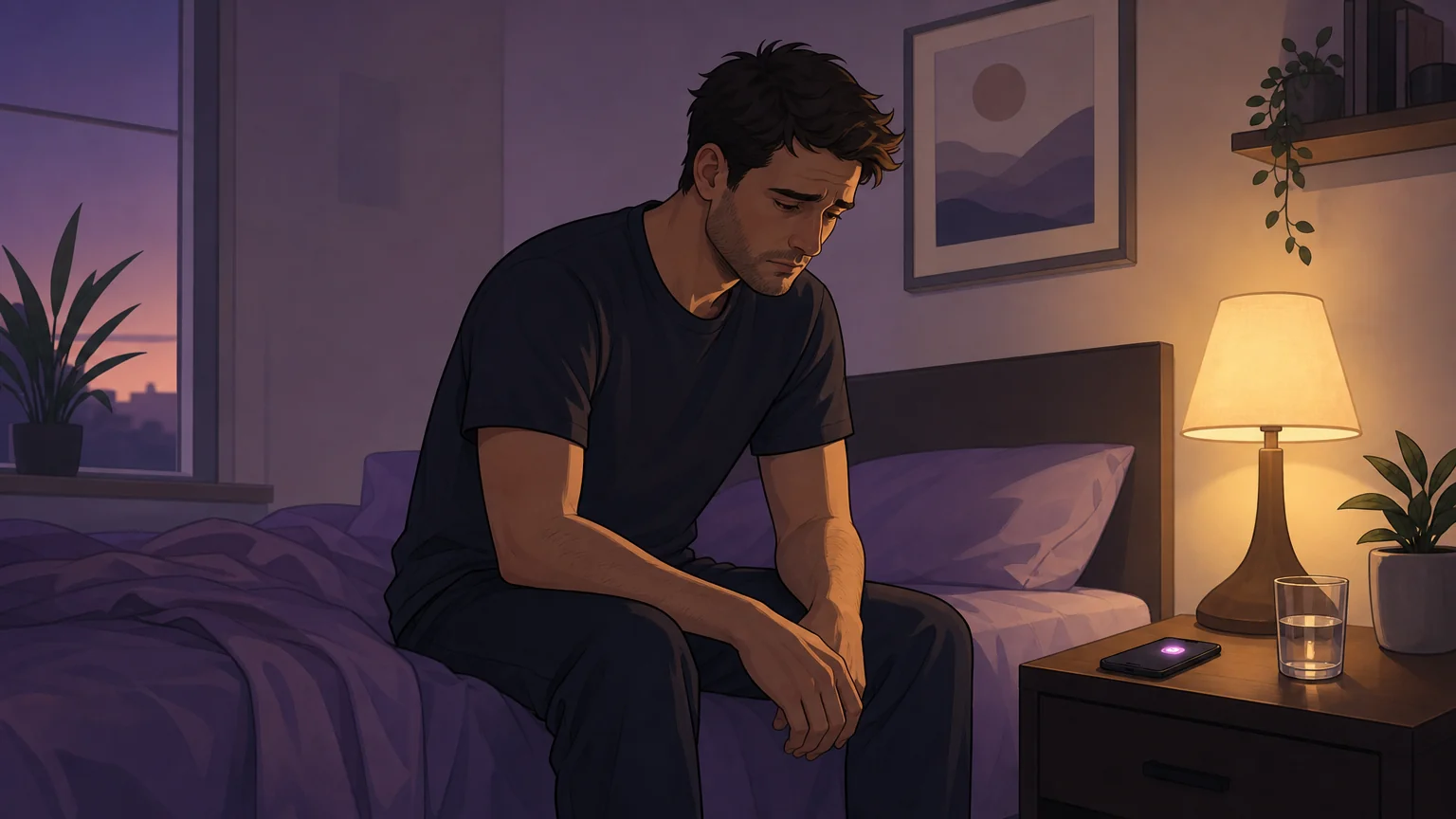 A person sits alone on the edge of a bed in soft evening light, experiencing the quiet emotional comedown of sub drop — the Tuesday crash that catches people off guard