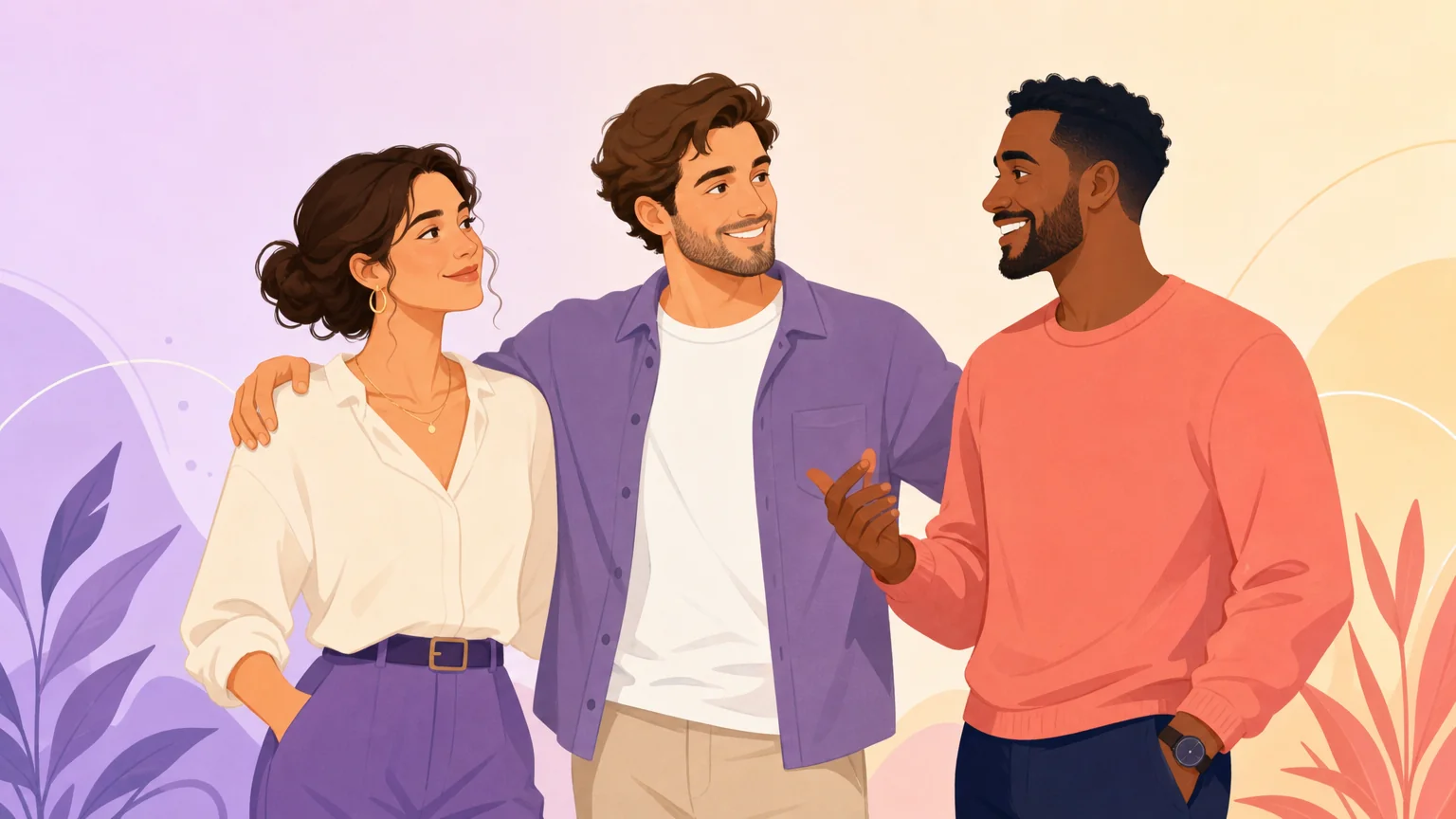 Three people in a threesome with one person switching roles between partners
