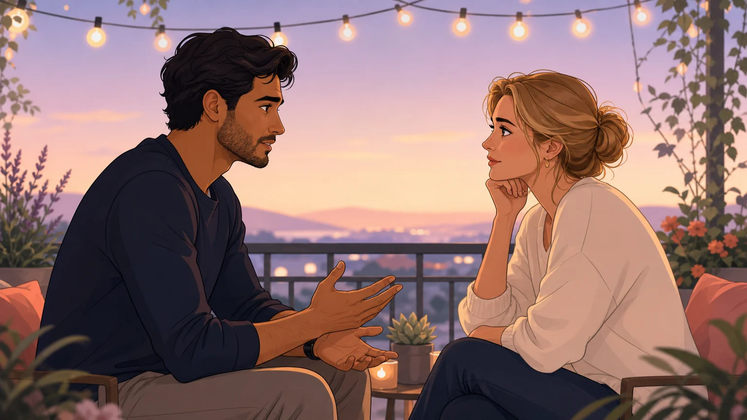 Two adults on a balcony at dusk having an honest intimate conversation — tender, serious but safe