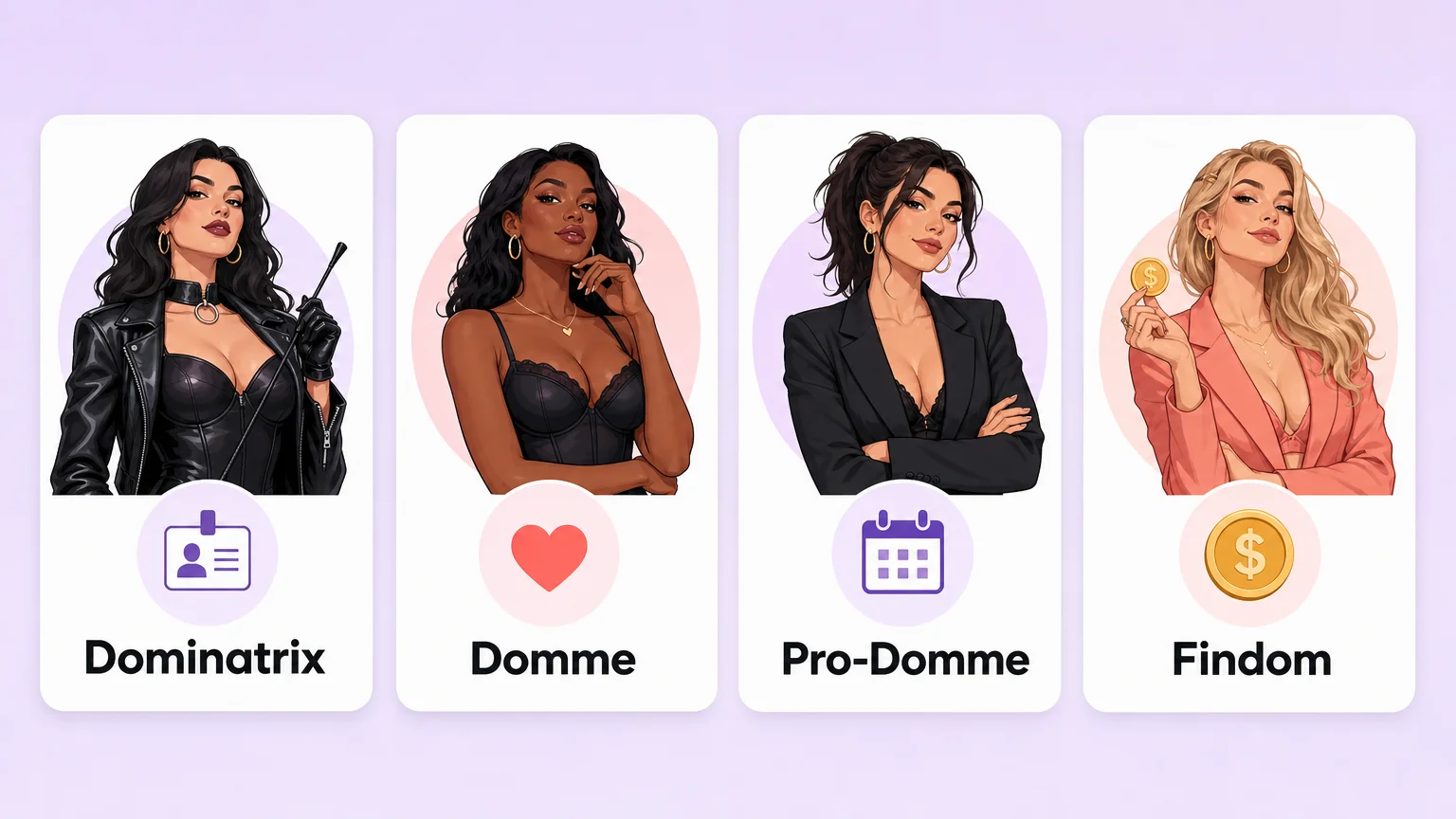 Terminology map: four cards for Dominatrix, Domme, Pro-Domme, and Findom