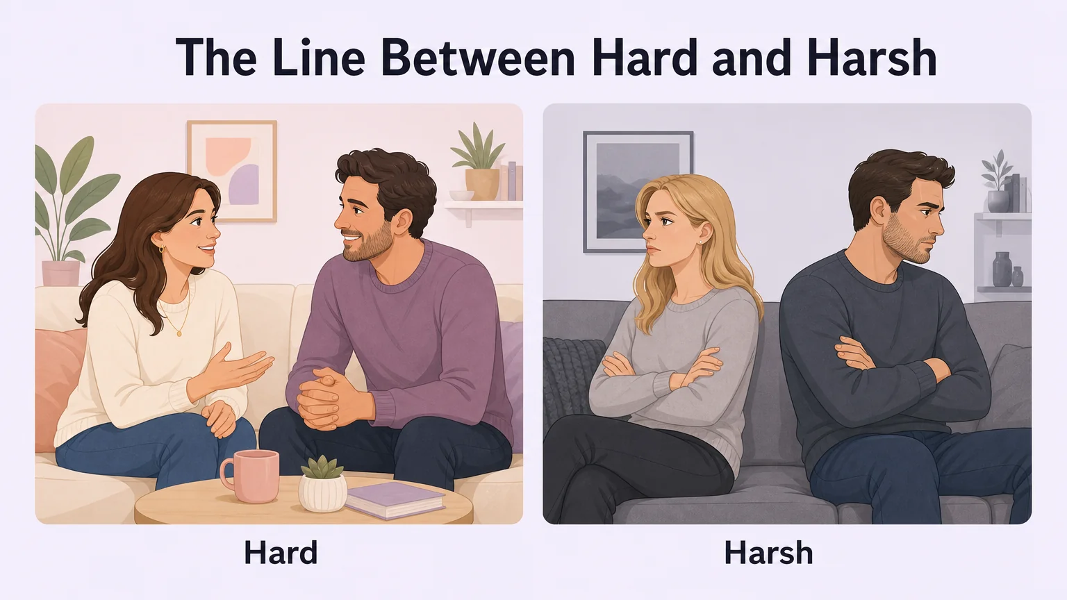 Two-panel comparison of hard versus harsh: warm consent on one side, cold tension on the other
