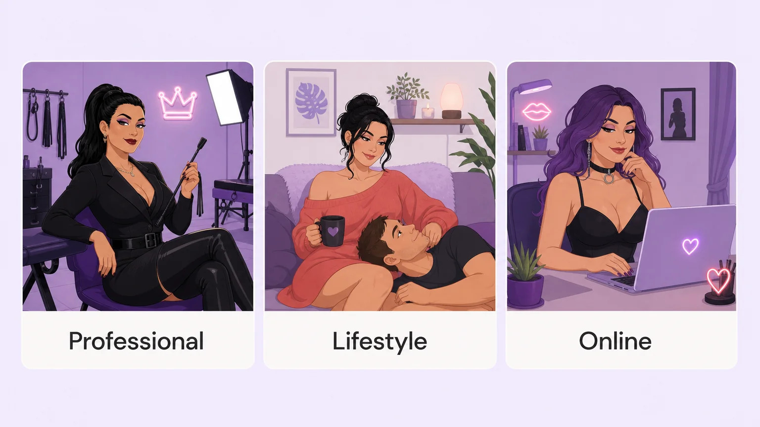 Three kinds of dommes compared in panels: Professional, Lifestyle, and Online