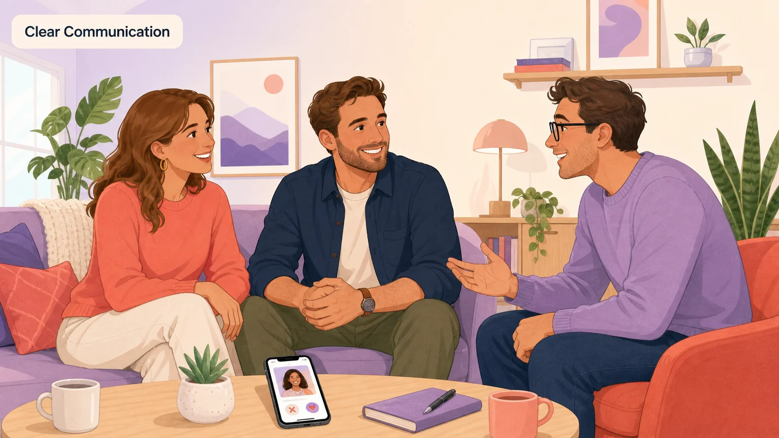 Three adults having a warm, clear conversation about boundaries in a living room