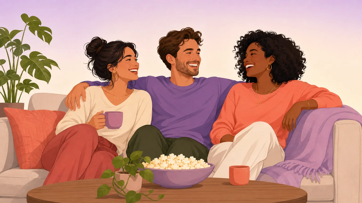 Three adults laughing together on a couch, warm compersion in a group dynamic
