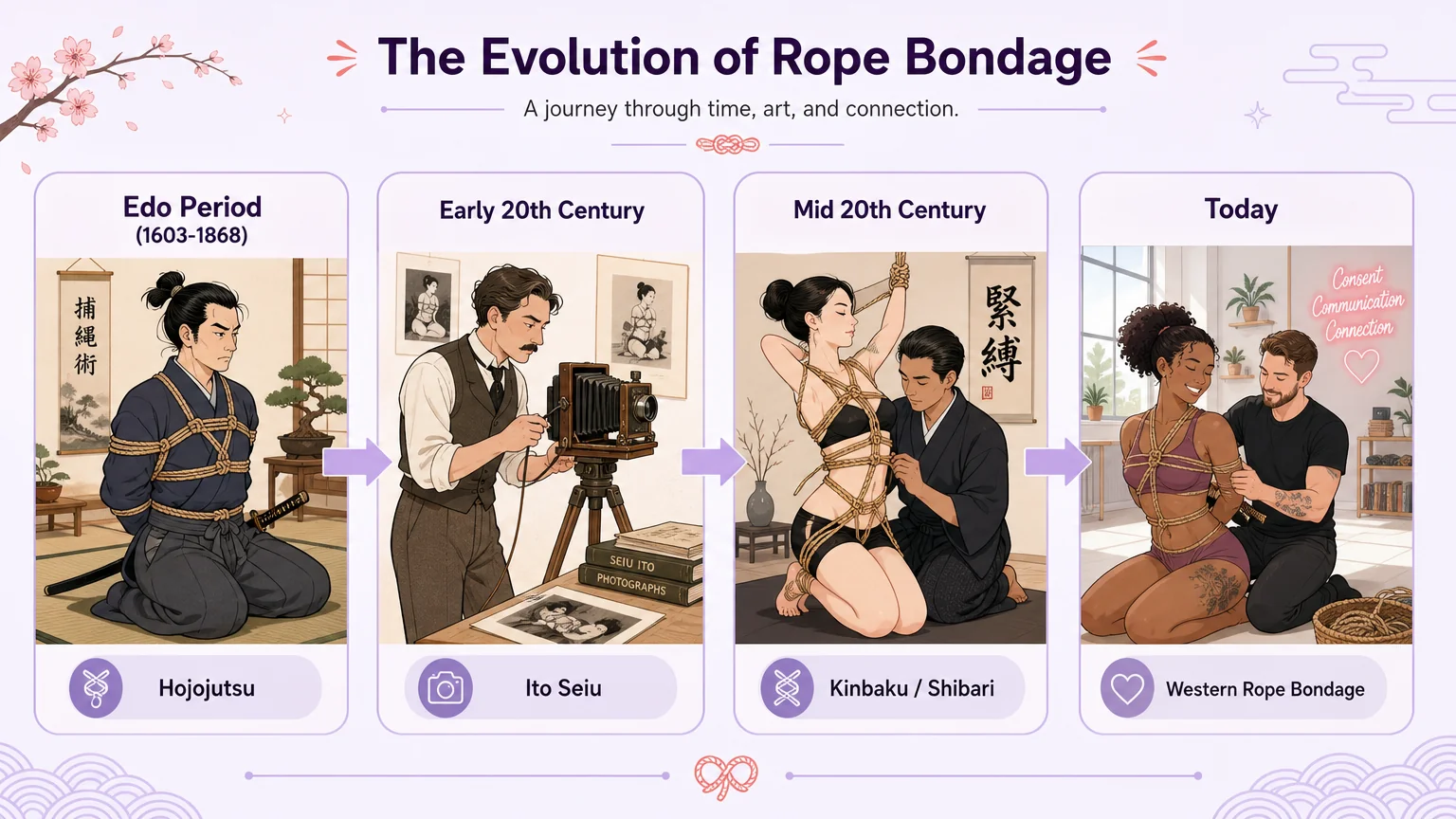 Timeline showing the evolution of rope bondage across 4 eras: Hojojutsu, Ito Seiu, Kinbaku/Shibari, and Western Rope Bondage
