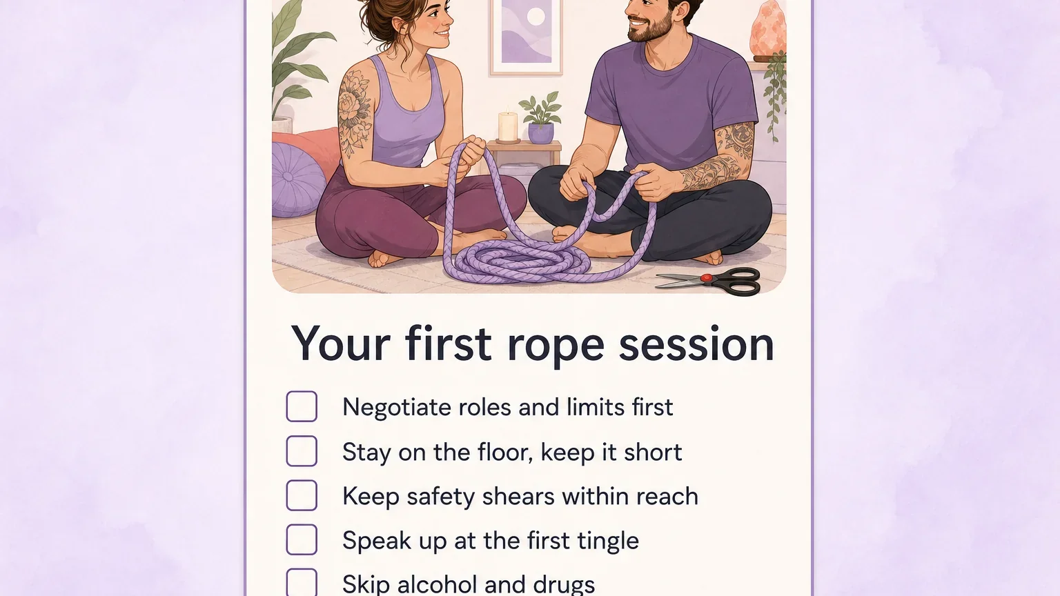 First rope session safety checklist card with items like negotiating limits, keeping floor ties short, safety shears, and aftercare