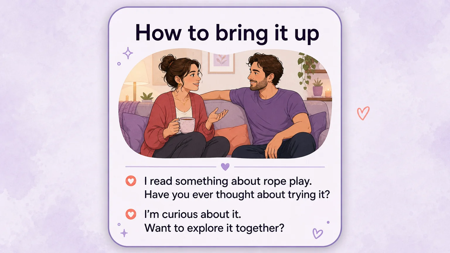 Conversation starter card with sample lines for asking a partner about trying rope play together