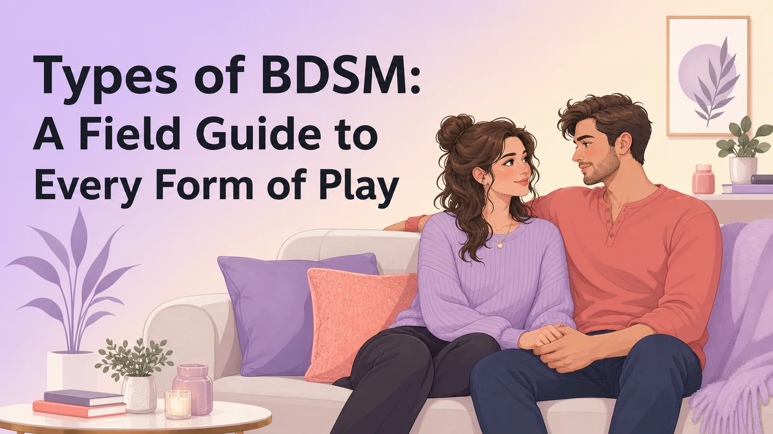 Illustrated cover for "9 Types of BDSM: A Field Guide to Every Form of Play" showing a couple sitting close on a sofa