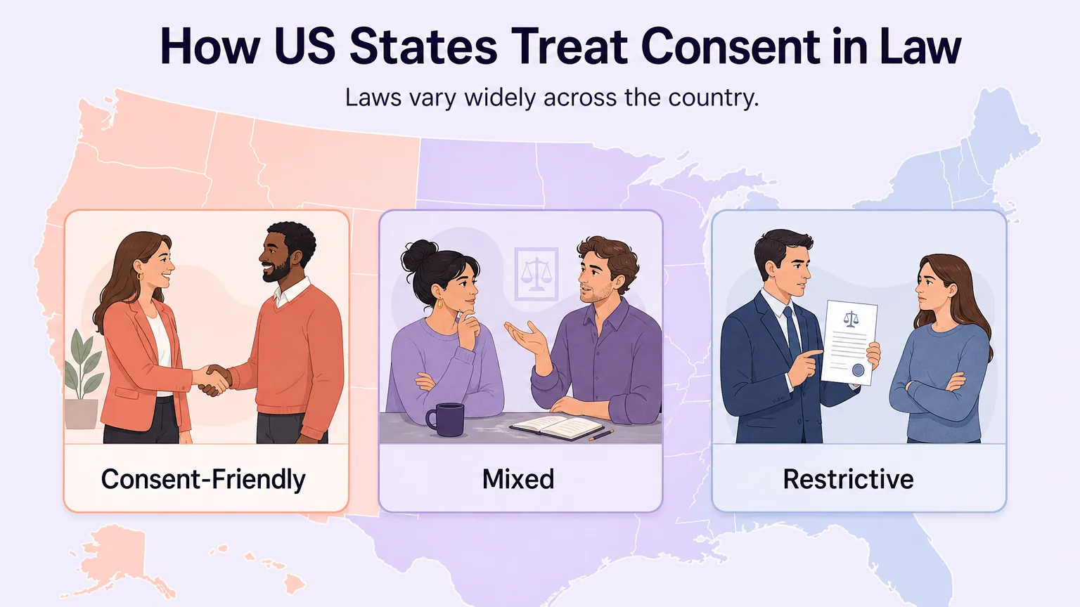 US states and consent law — consent-friendly, mixed, and restrictive state groupings over a stylized map