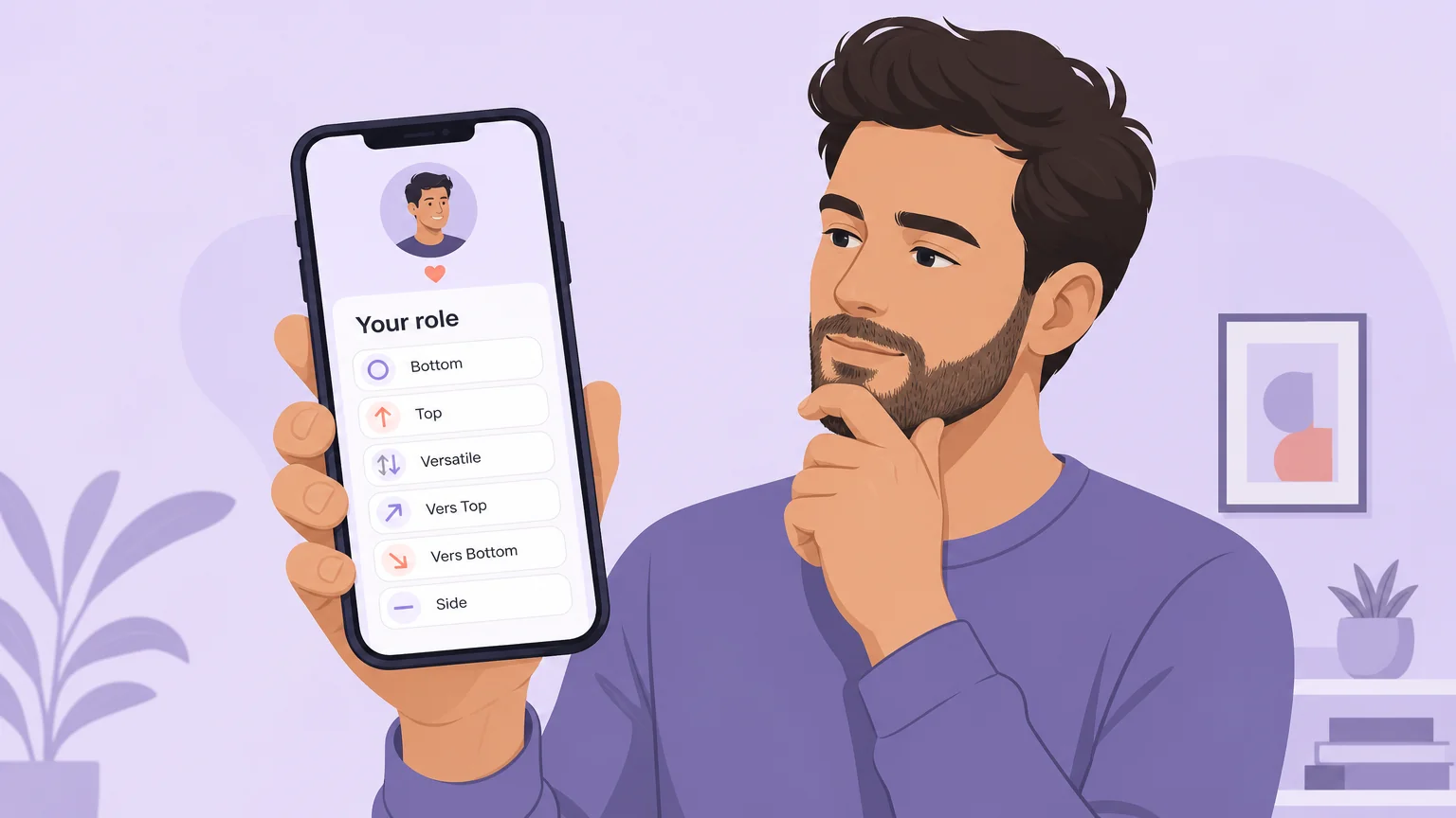 Dating app role dropdown listing bottom, top, versatile, vers top, vers bottom, and side
