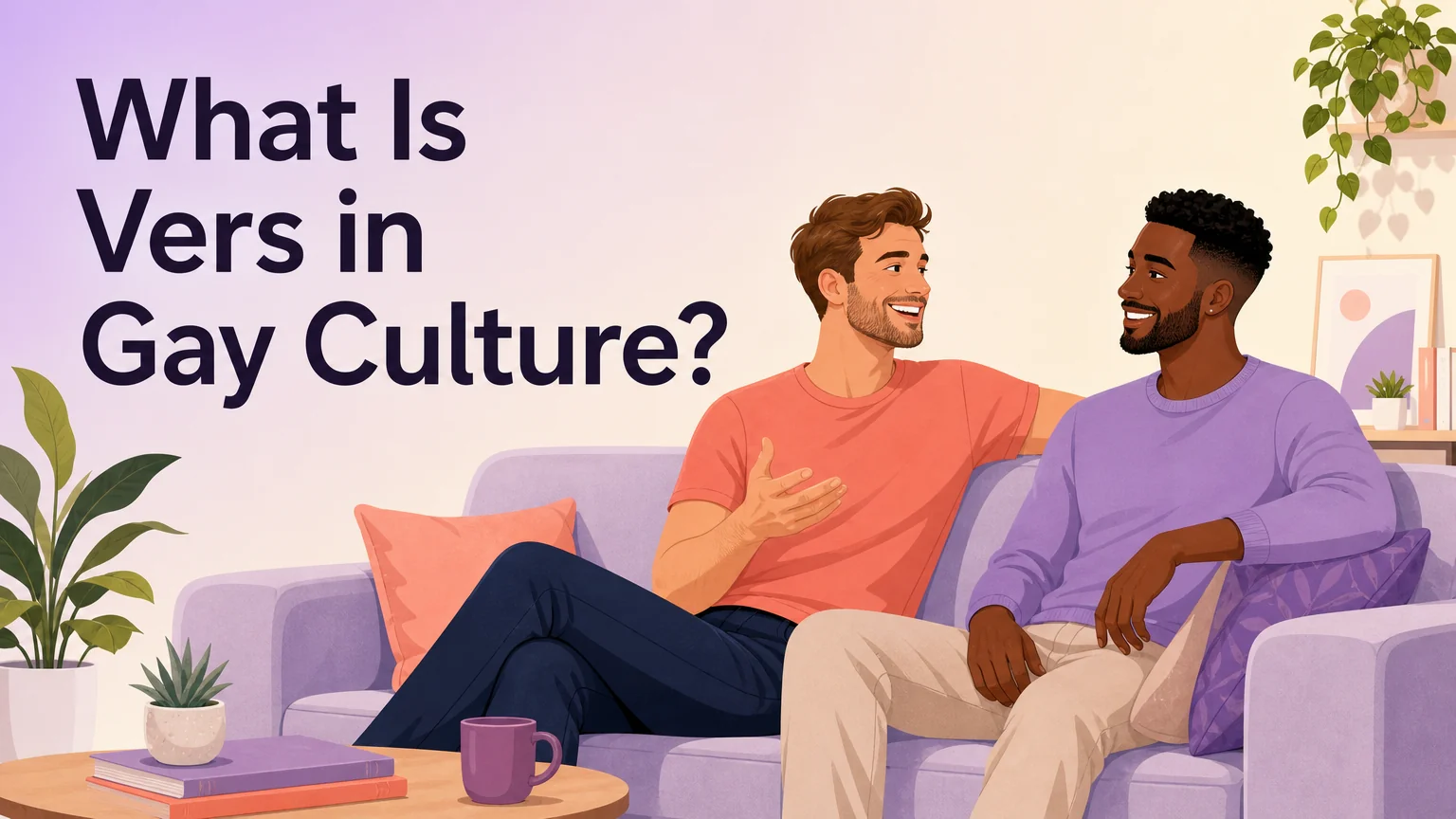 Vers in gay culture cover illustration showing two men in warm conversation
