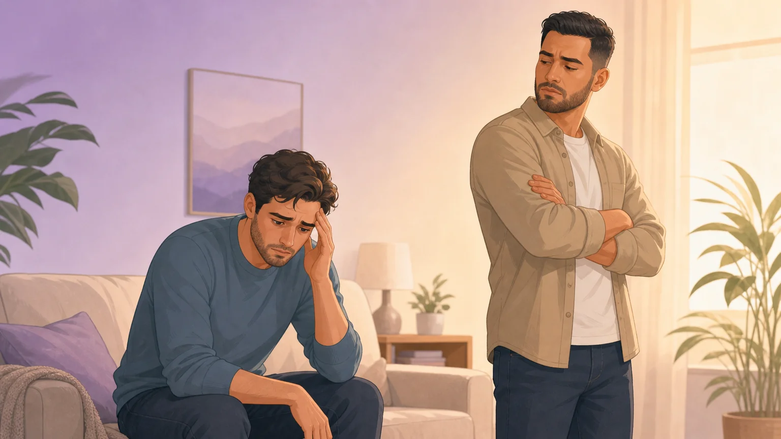 Illustration of a vers man being doubted and pigeonholed by a partner