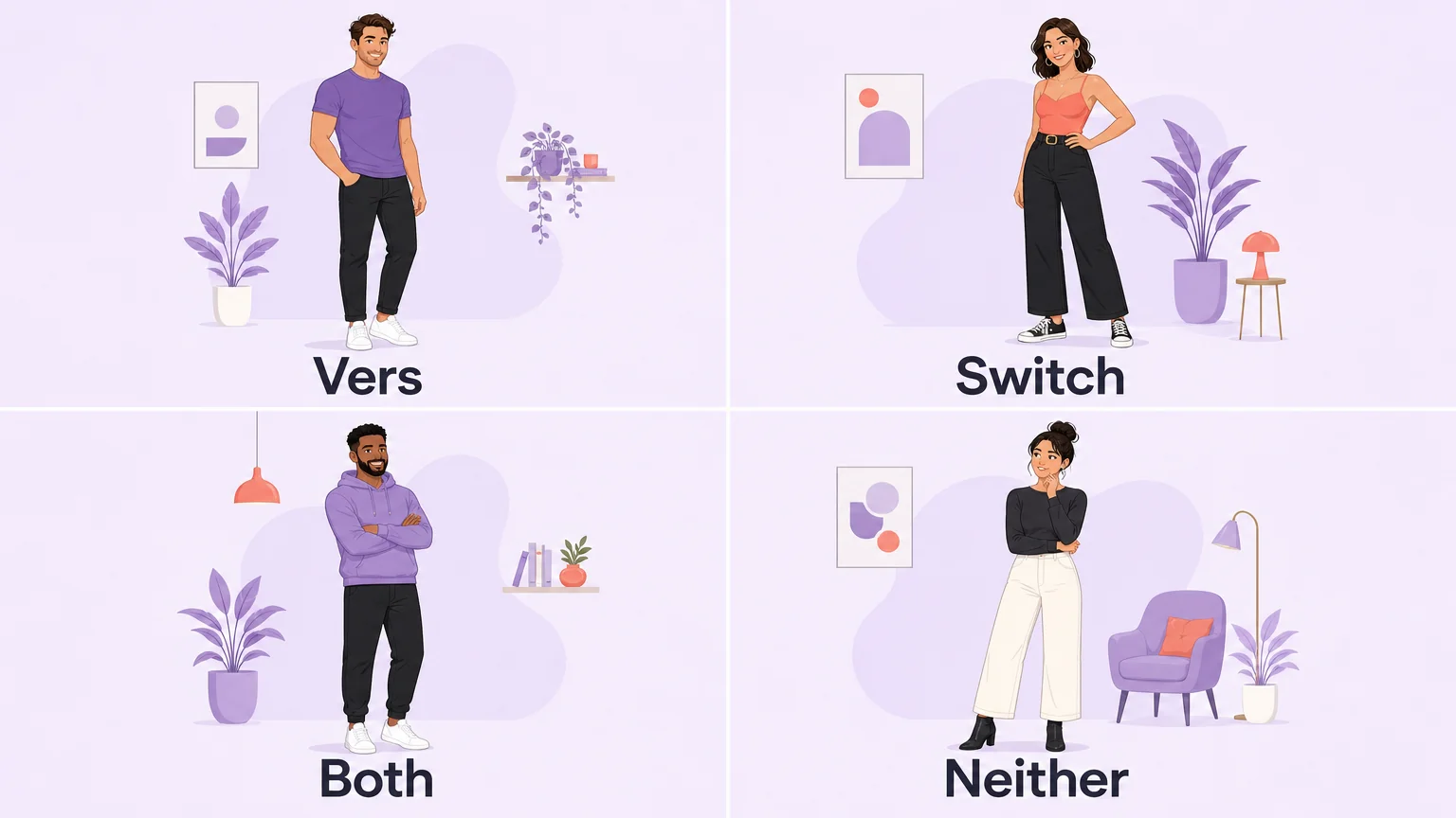 Grid asking which role fits you: vers, switch, both, or neither