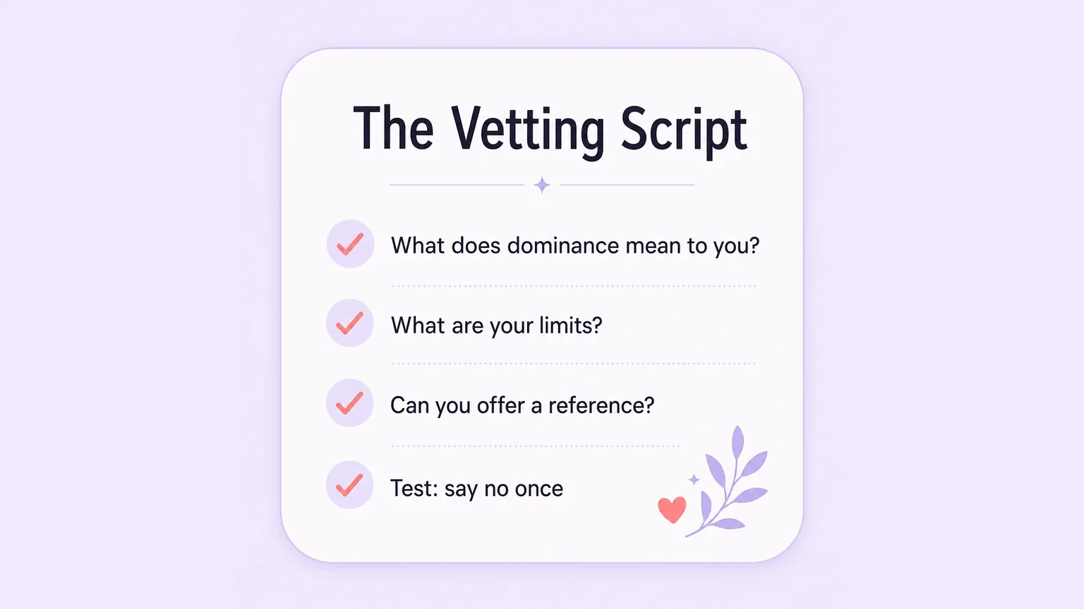 Vetting script card with questions to ask a dom before meeting