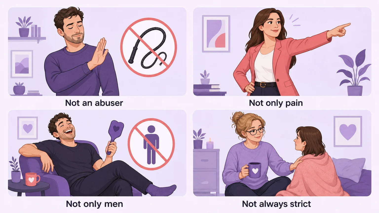 Four panels dismissing the myths about doms being abusive, pain-focused, men only, or always strict