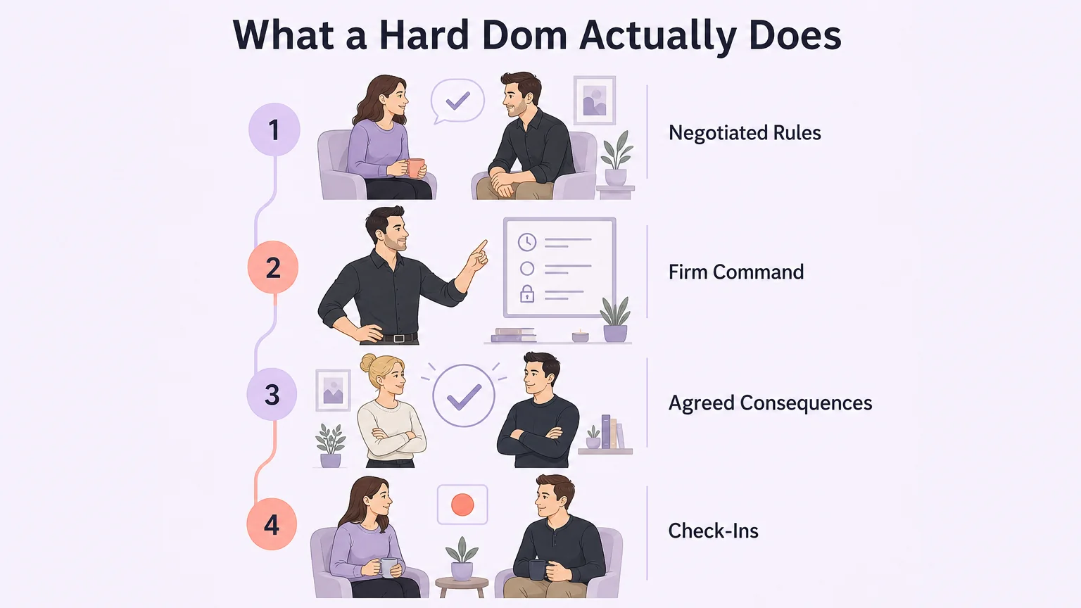 A four-step framework showing what a hard dom does: negotiated rules, firm command, agreed consequences, check-ins