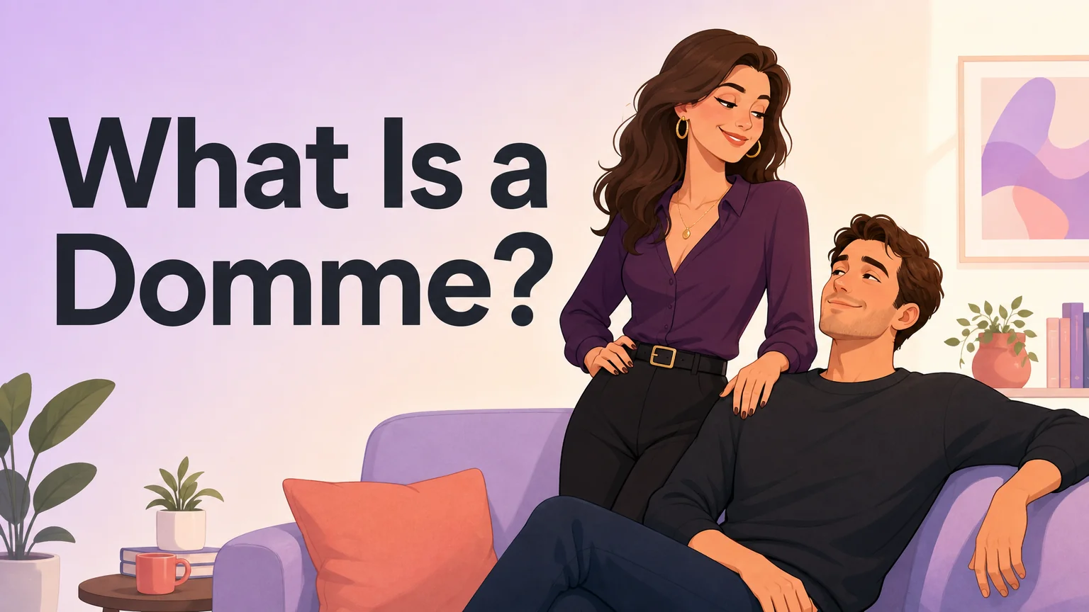 Cover: a confident adult woman and a relaxed man on a sofa, with the title "What Is a Domme?" rendered above
