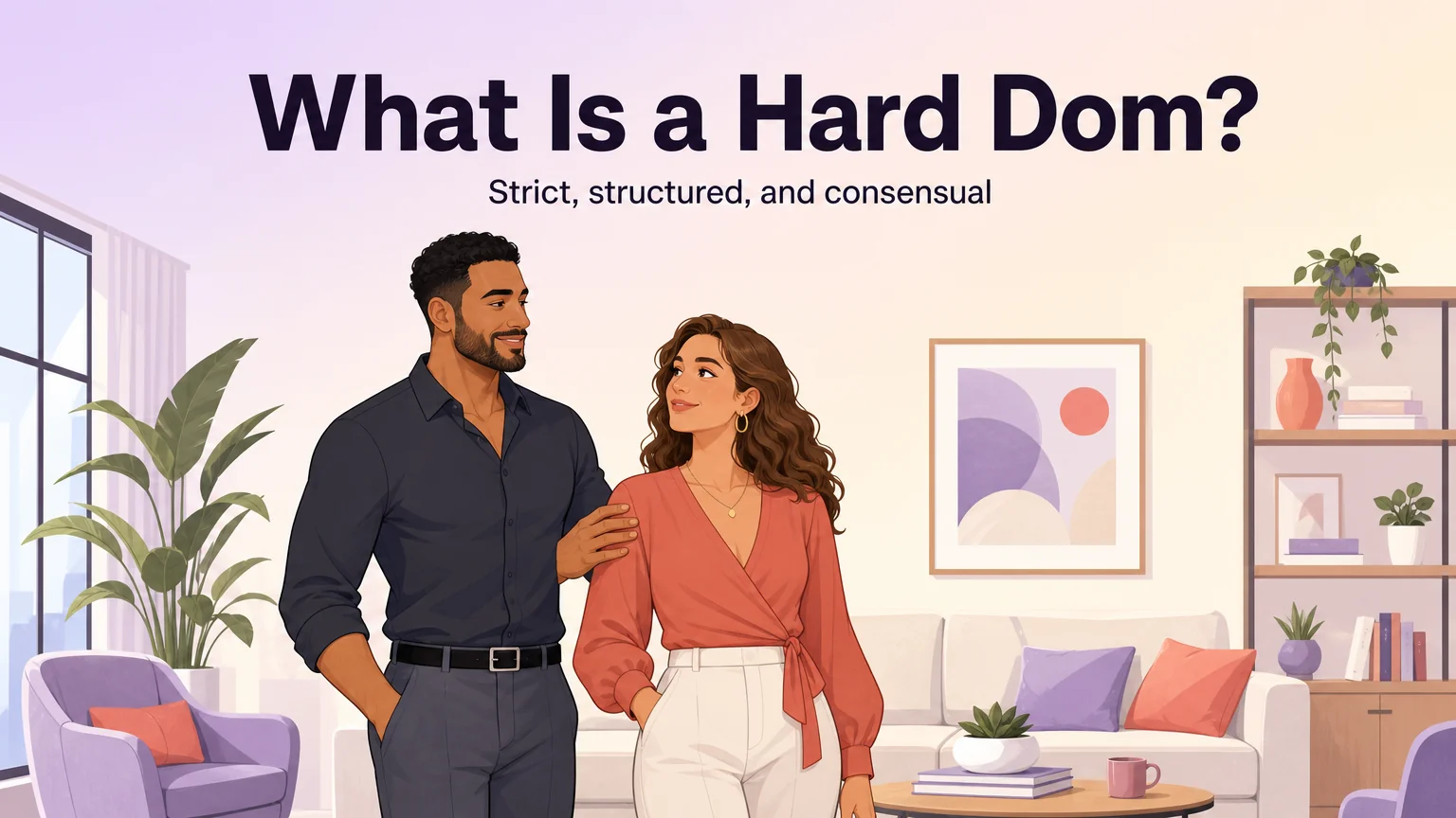 Cover image: a confident adult couple in a bright living room, with the article title "What Is a Hard Dom?"