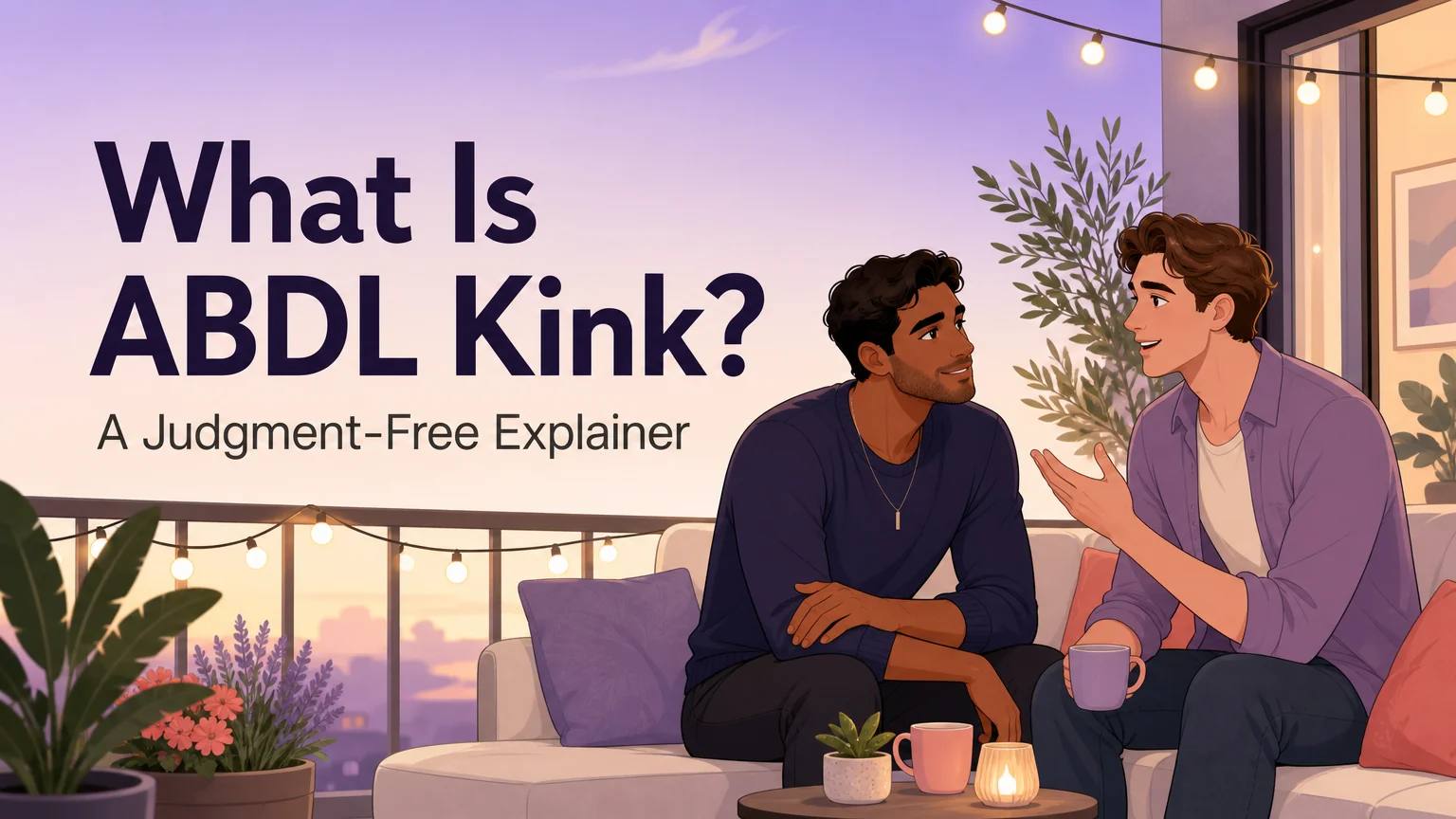 What Is ABDL Kink cover illustration showing two adults in an intimate balcony conversation under warm string lights
