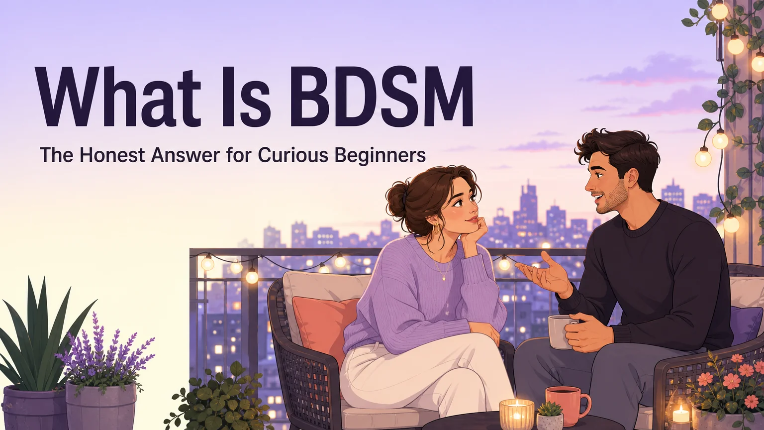 What Is BDSM cover illustration — two people in warm conversation on a balcony at twilight