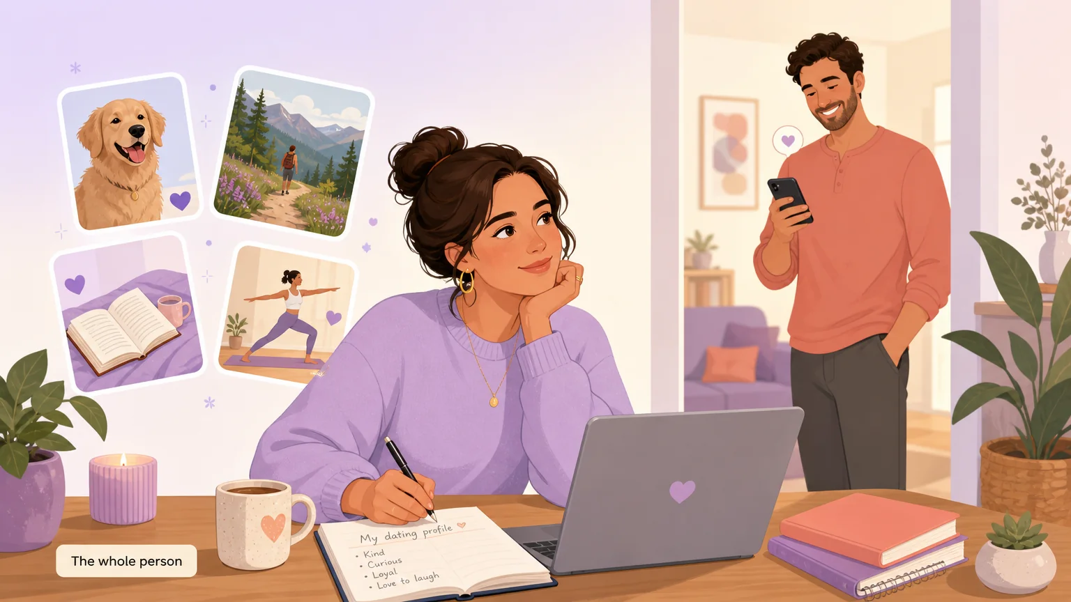 Person writing a whole-person dating profile with interests and limits