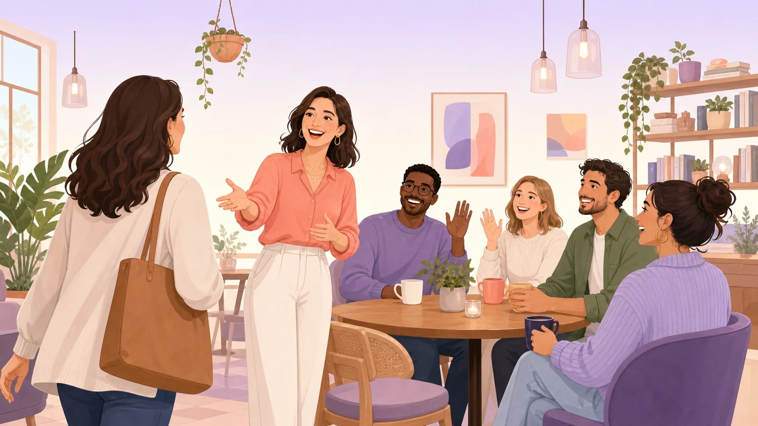 Illustration of arriving at a welcoming kink community munch in a cafe
