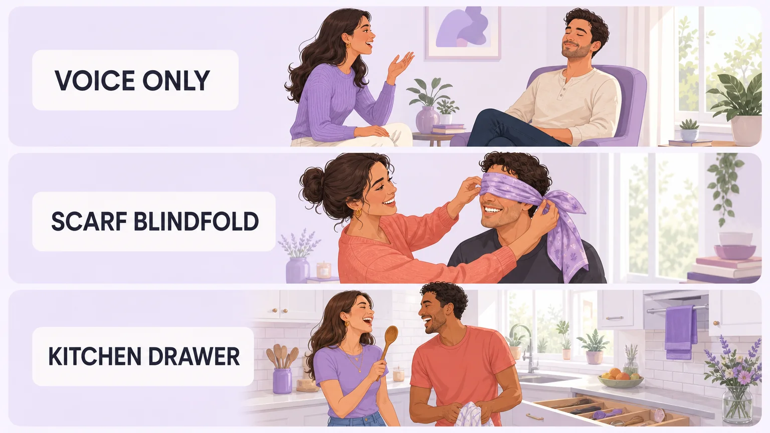 Three zero-gear scenes for beginners: voice only, scarf blindfold, and kitchen drawer