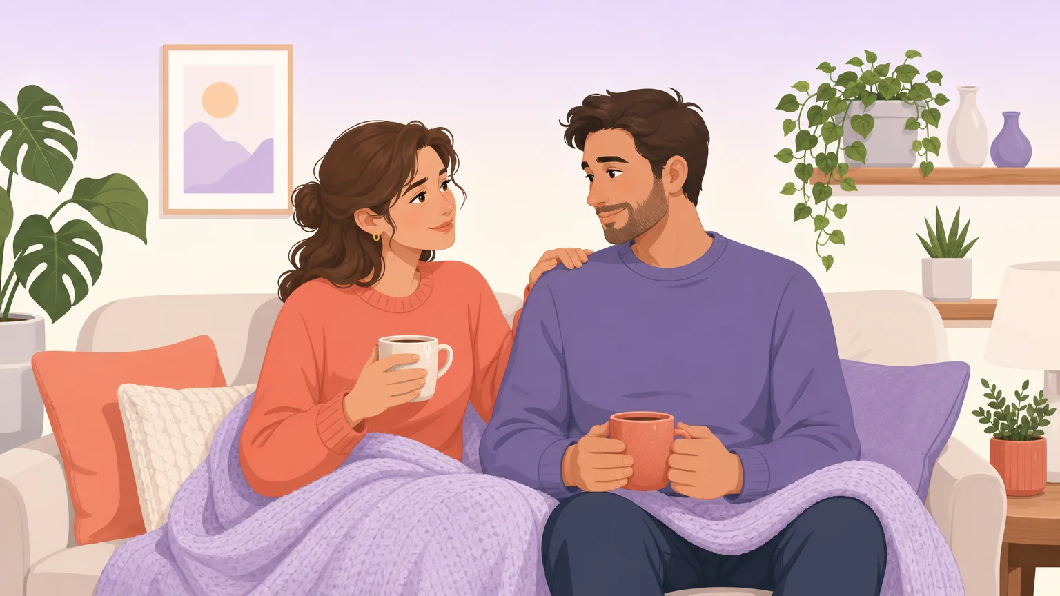 Aftercare illustration of two partners resting together with warm drinks after a first scene