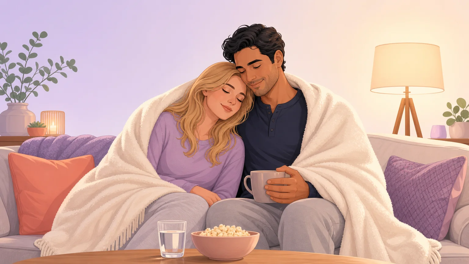 A couple wrapped in a blanket on a couch with water and a snack nearby after a scene