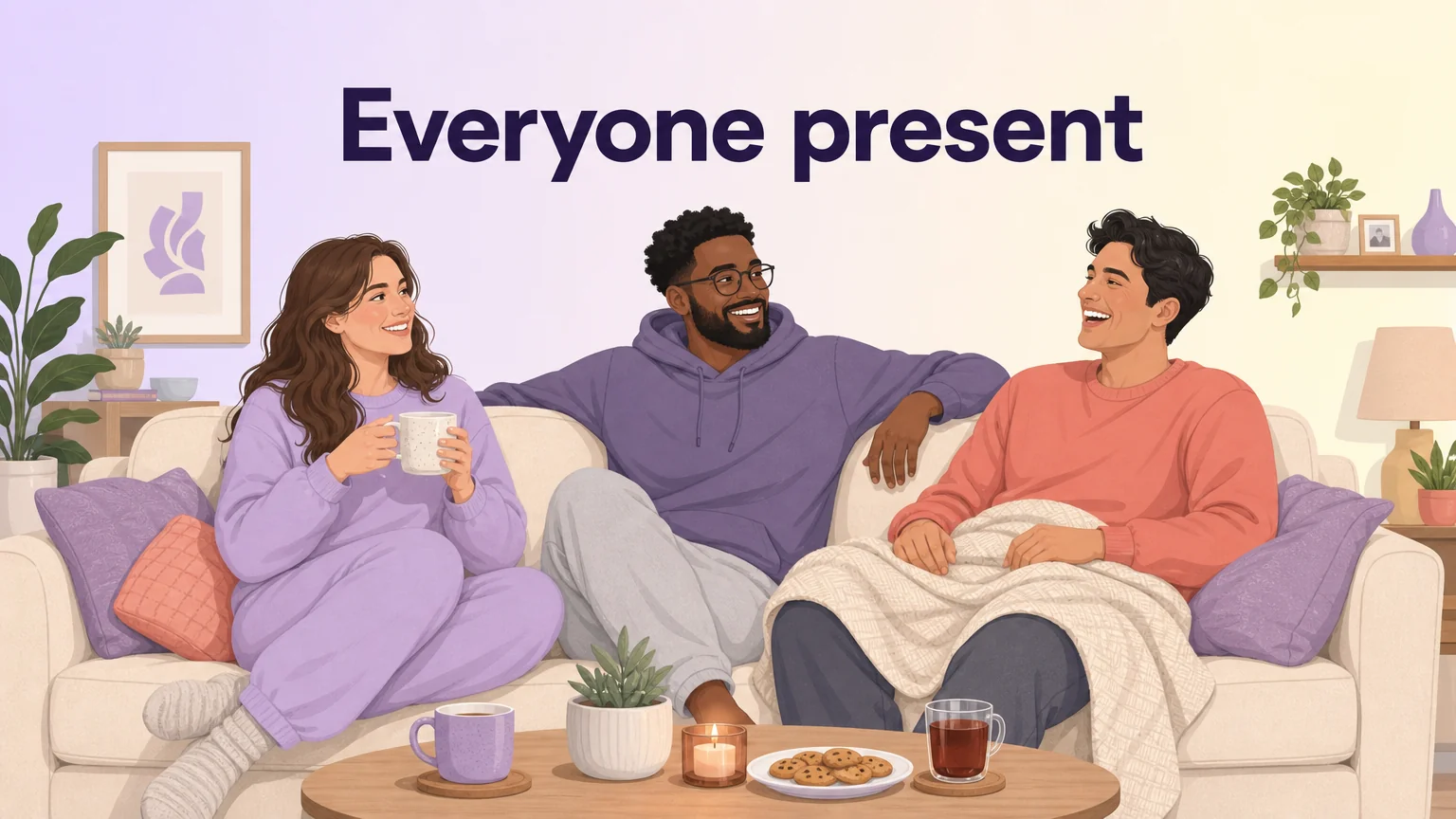 Three adults relaxing together on a sofa with mugs, blankets and snacks, looking after each other after a group scene