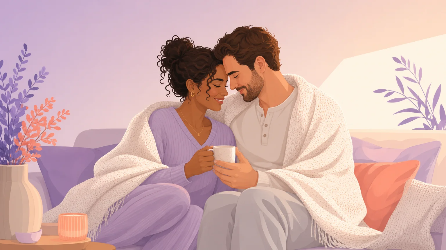 Two partners wrapped in a blanket on a sofa sharing tea, reconnecting warmly after a difficult moment