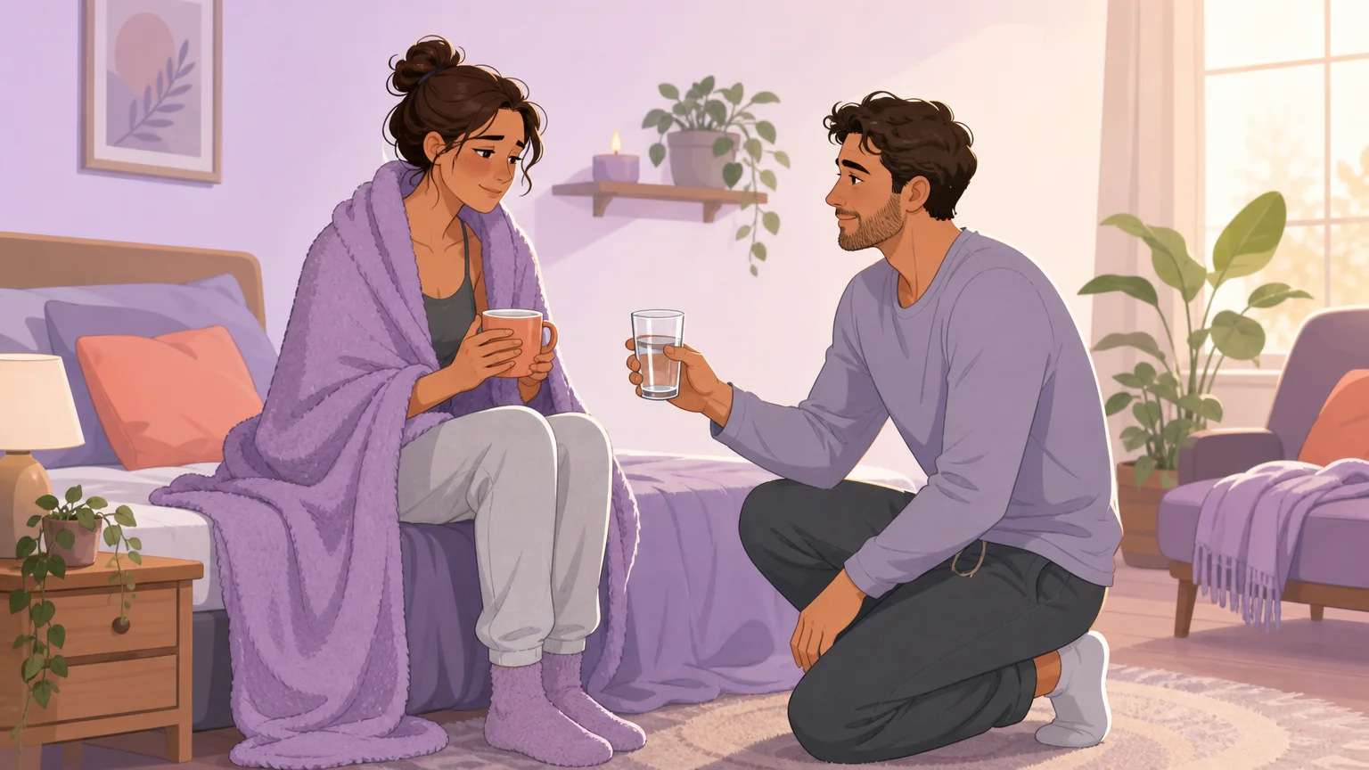 One partner wrapped in a blanket holding a mug while the other kneels nearby offering a glass of water