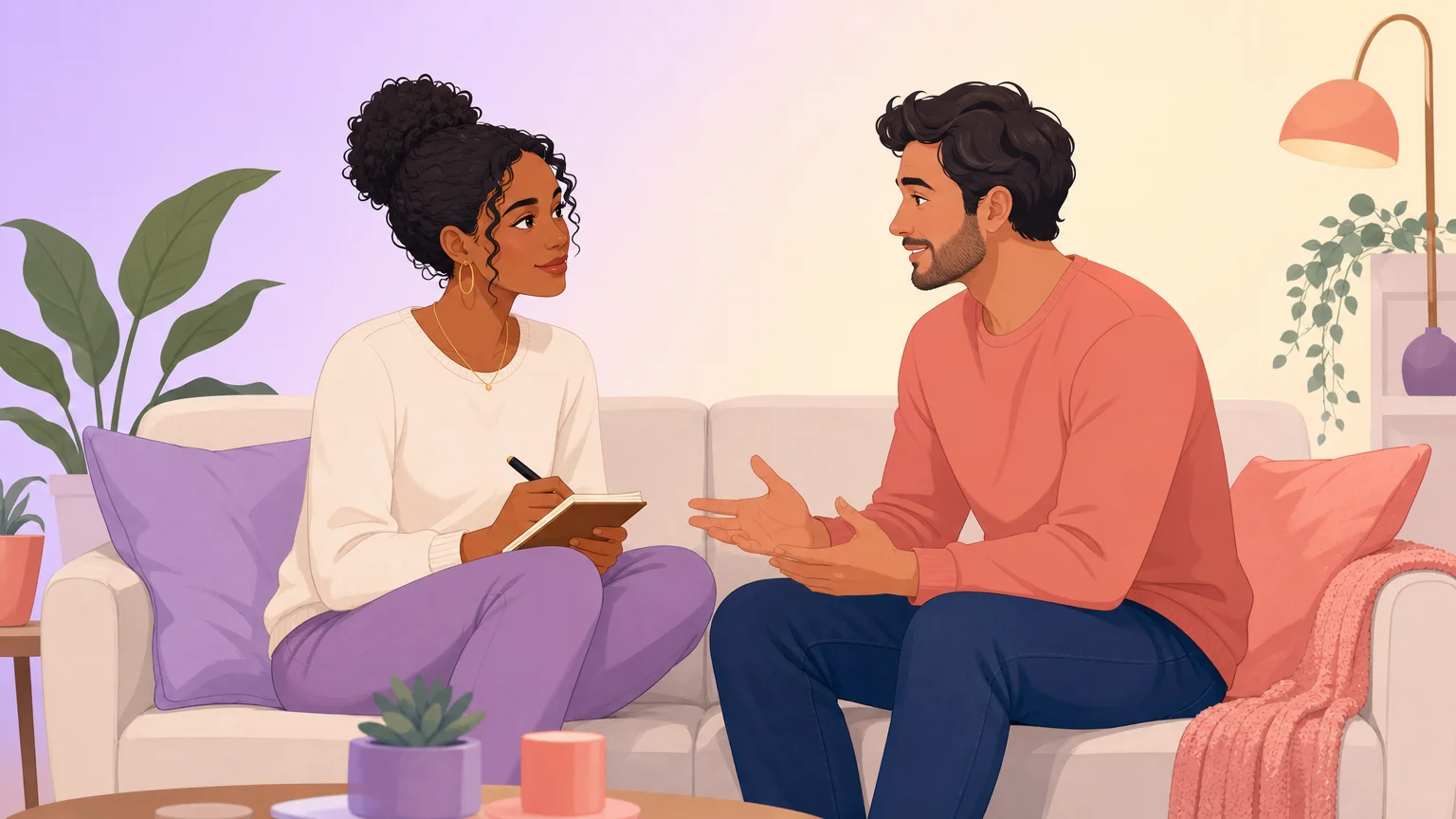 Two adult partners having a calm negotiation about their shared rules, one holding a notebook