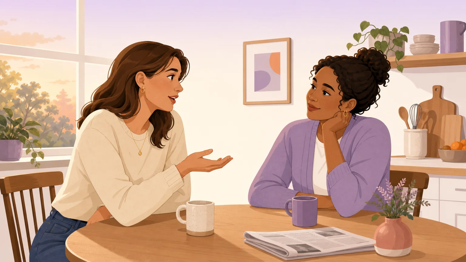 Two women talking at a kitchen table about what they want