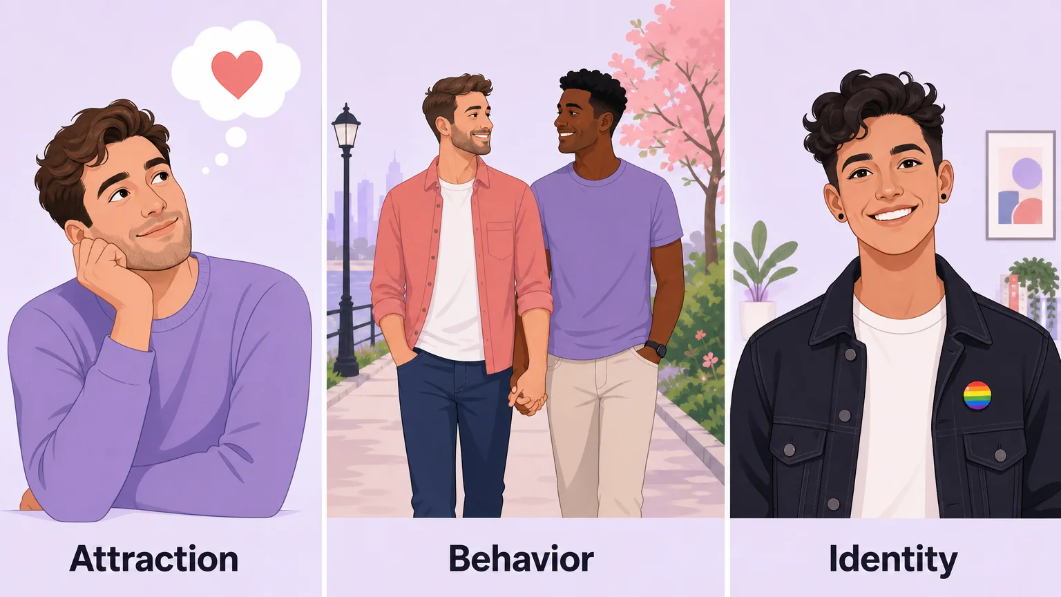 Three panels illustrating attraction, behavior and identity as three separate things