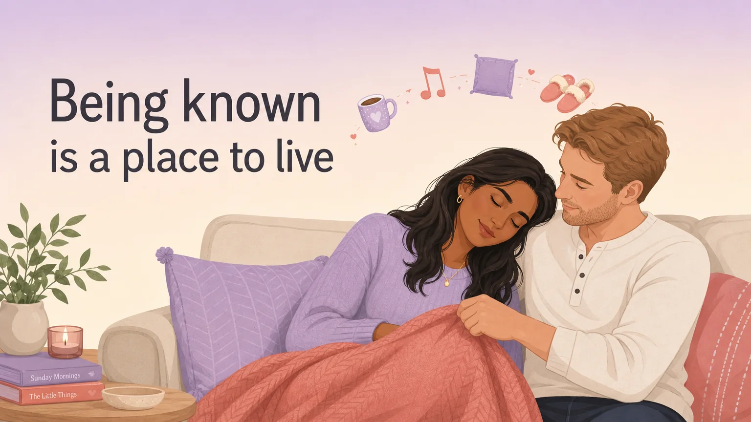 A couple on a sofa, one adjusting a blanket over the other's knees, with small icons of the things they have learned