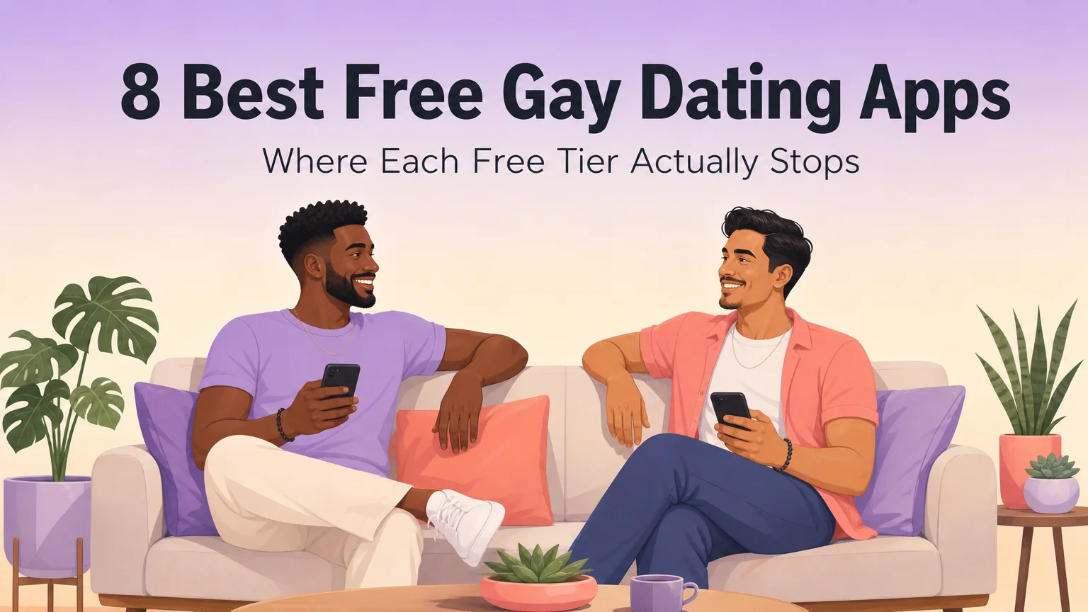 Two men on a sofa, each holding a phone, mid-conversation while comparing free gay dating apps