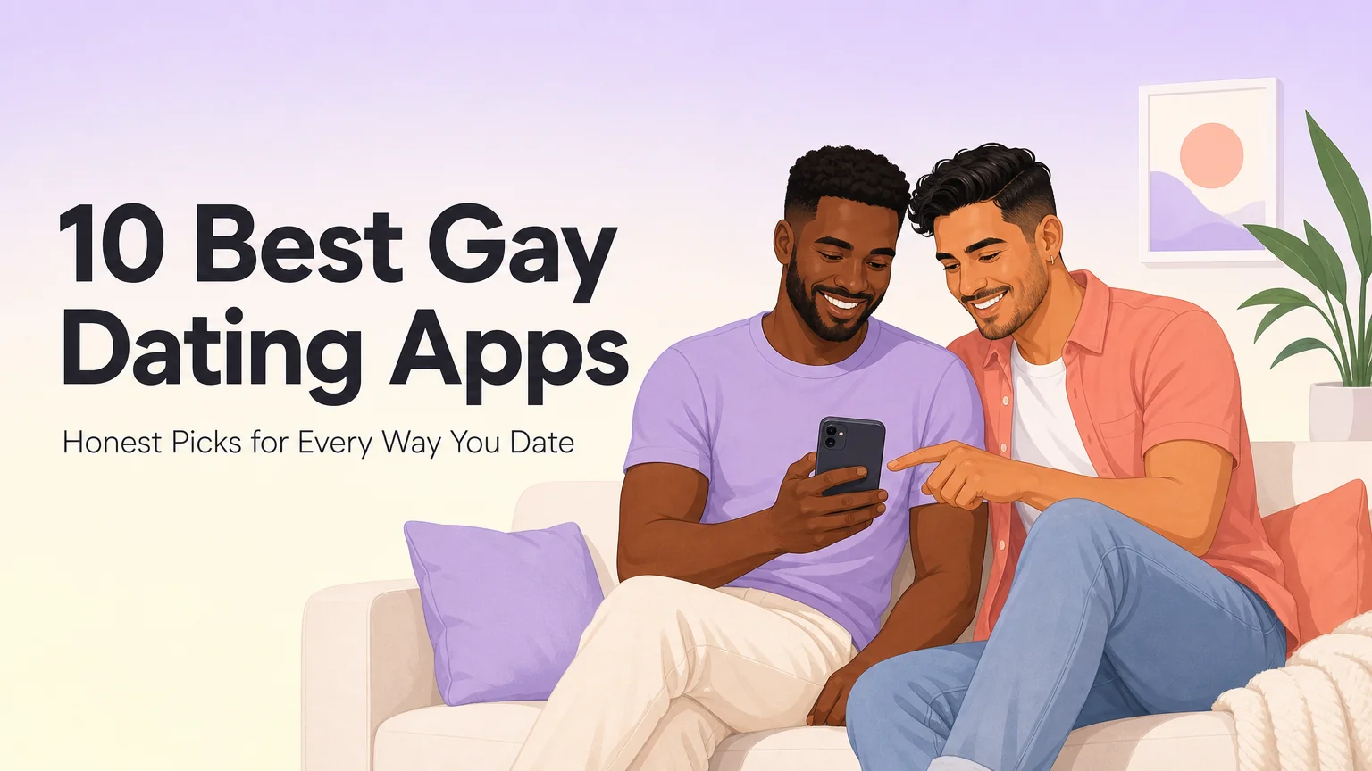 Two men comparing gay dating apps together on a phone