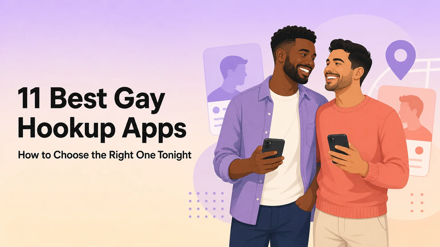 Two adult men smiling at their phones, illustrating a guide to the best gay hookup apps