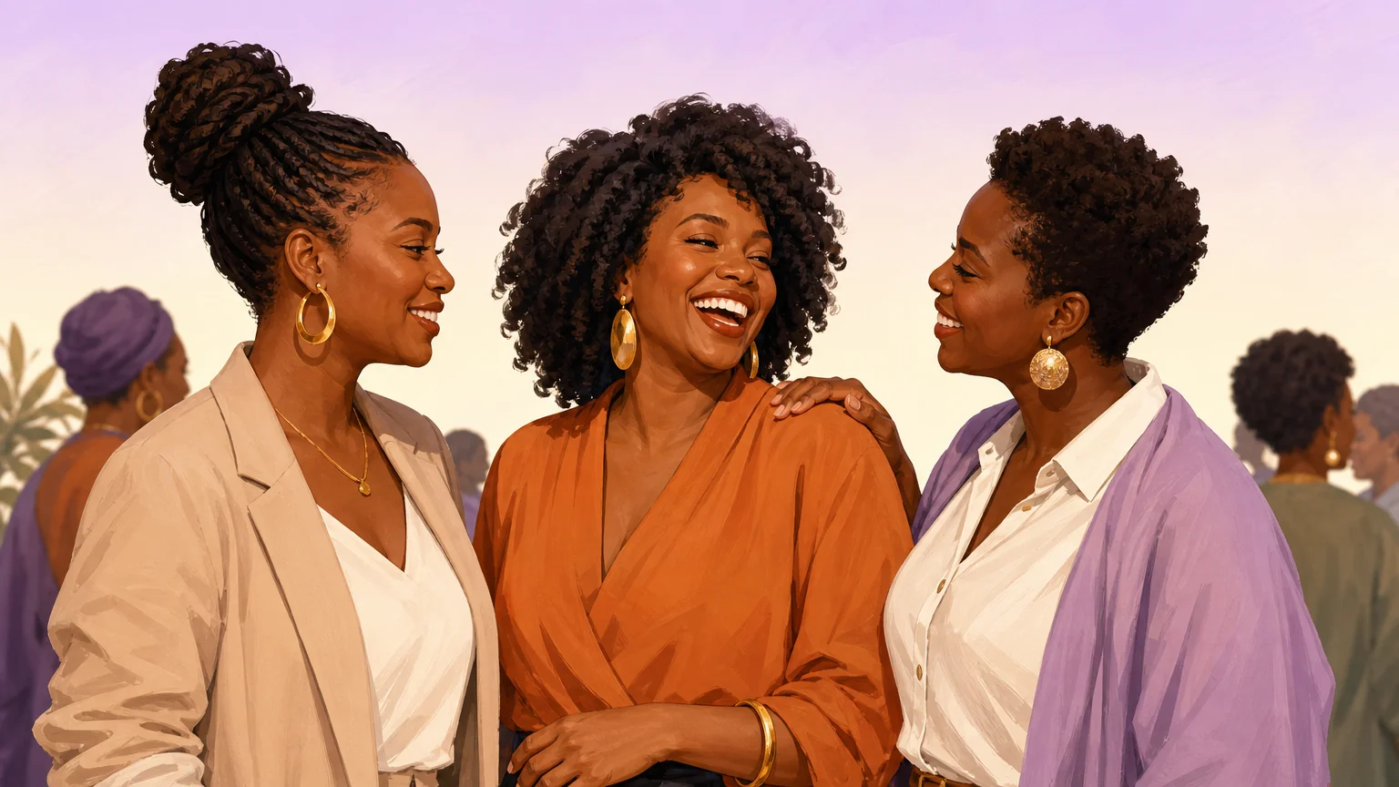 Black butch and stud community lineage, showing a warm gathering of three Black women