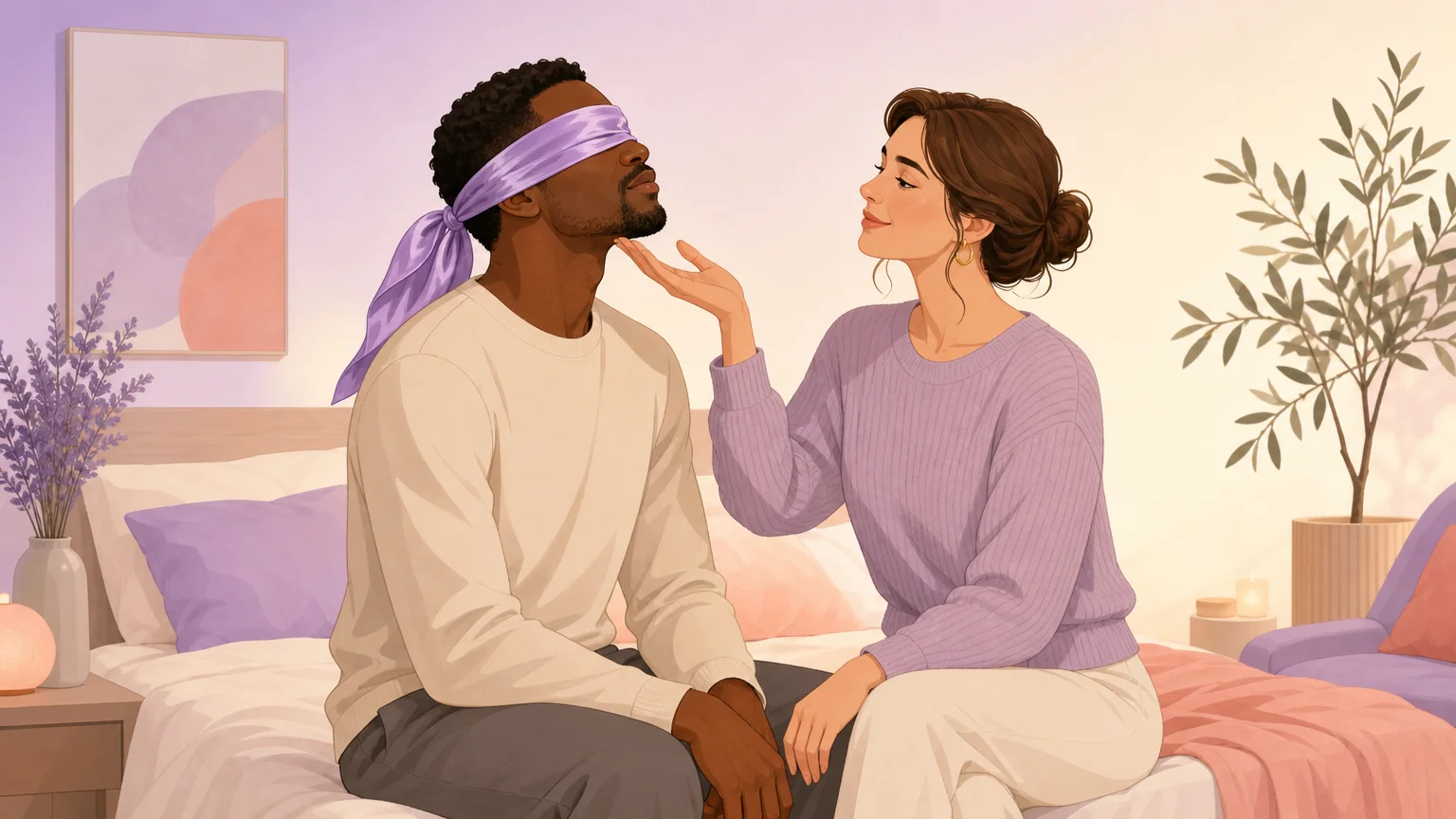 A partner wearing a loose silk scarf blindfold while the other gently reaches toward his jaw