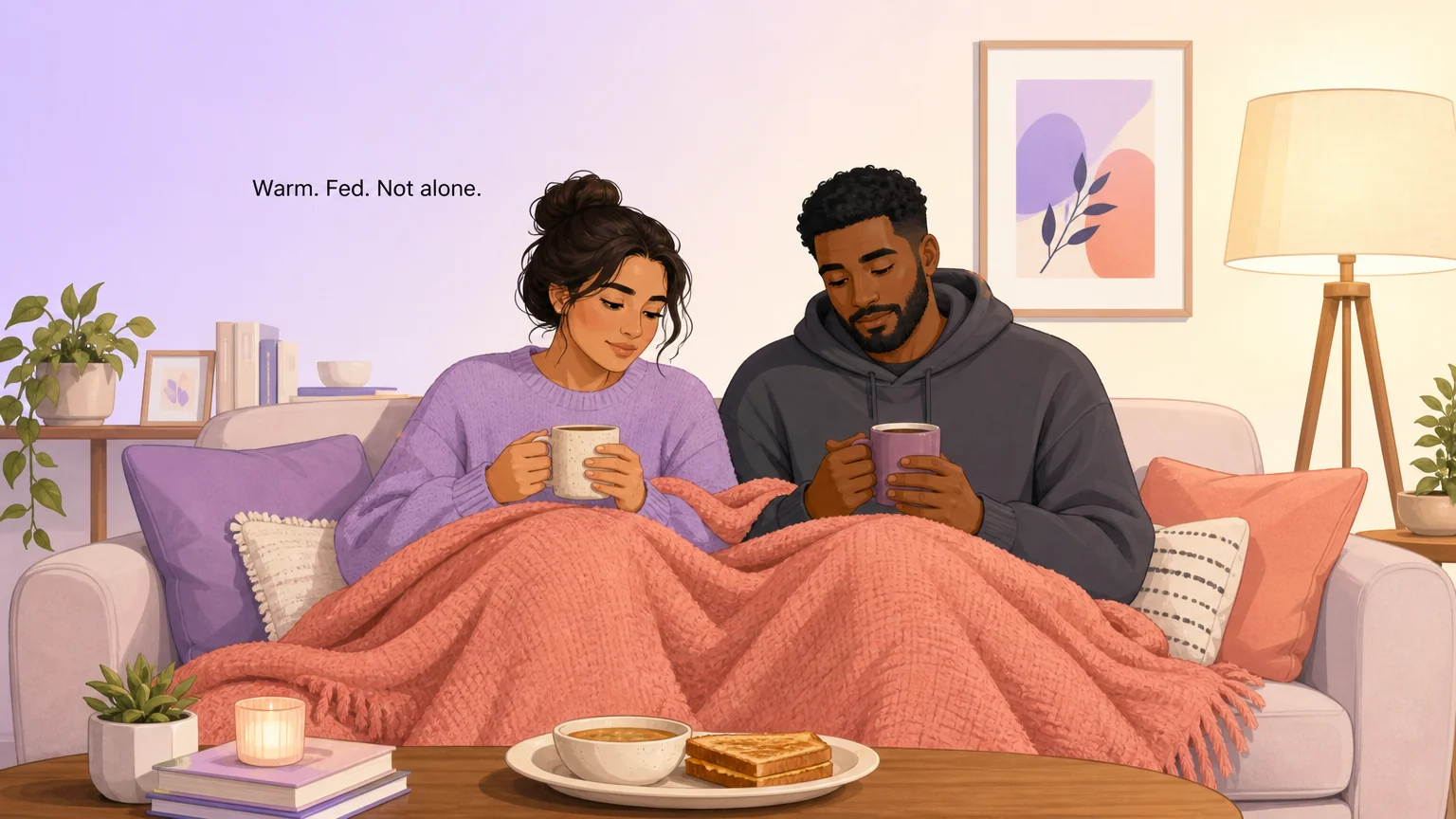 Two adults sitting close together on a sofa sharing a blanket and holding warm mugs, with food on the table, captioned Warm. Fed. Not alone.