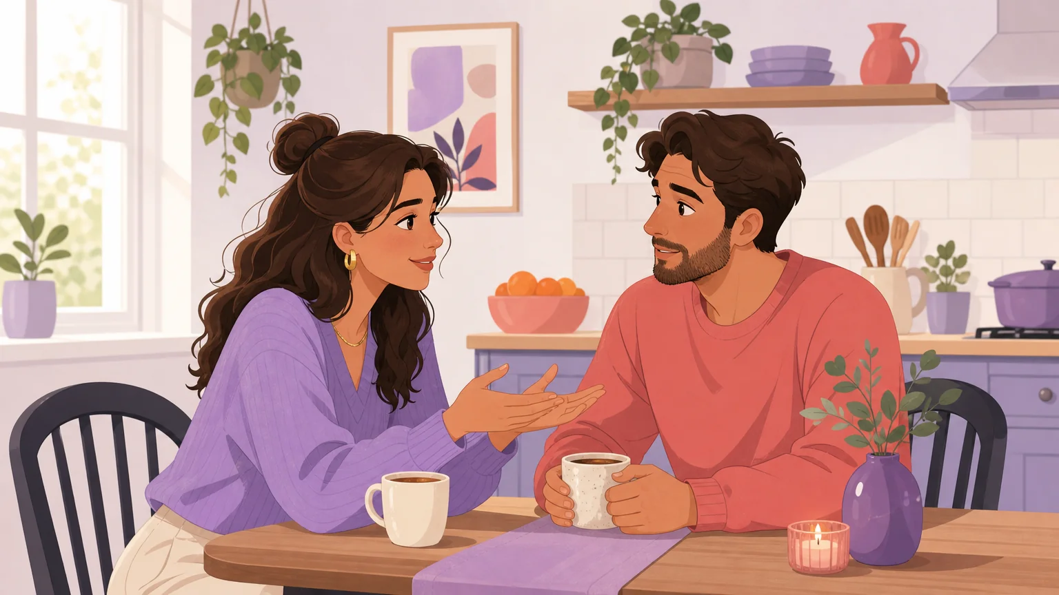 Two adult partners having a calm, warm conversation over tea at a table, one listening openly