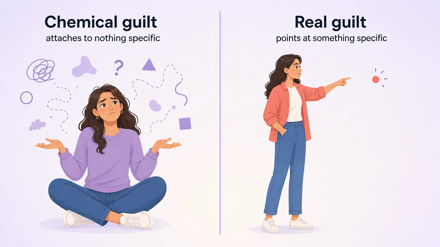 Two panels comparing chemical guilt, which attaches to nothing specific, with real guilt, which points at something specific