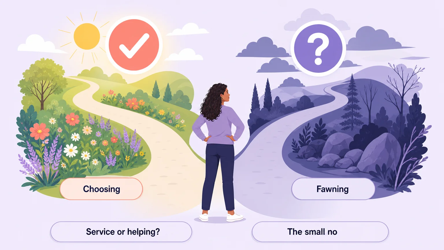 Two paths comparing choosing submission with fawning, with two self-check questions
